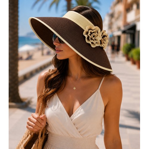 Straw Visor Hats - Foldable Accent With Matching Flowers - Brown - HT-5250BN